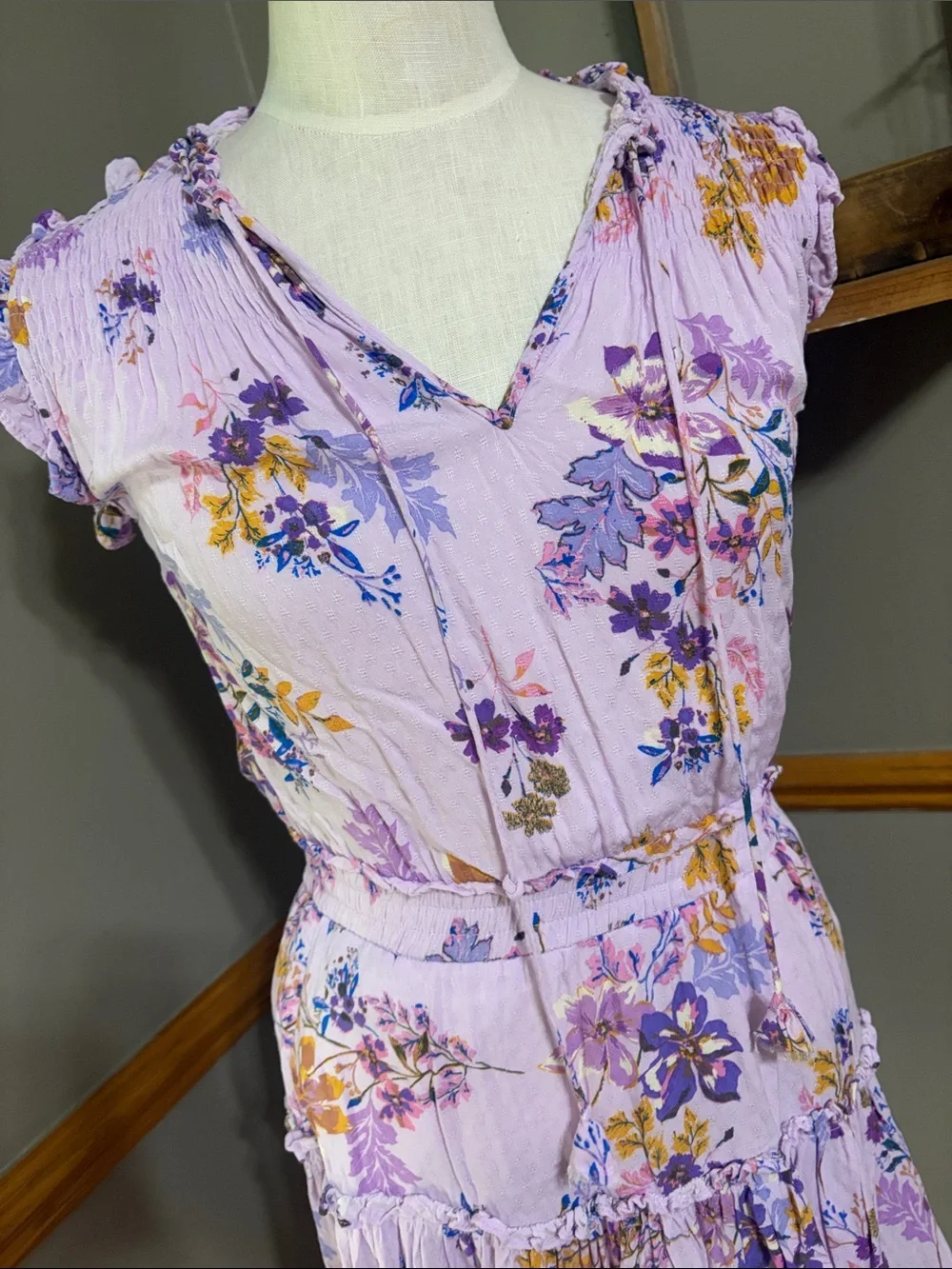 Dear John purple Floral Tiered sleeve less Ruffle Dress size small